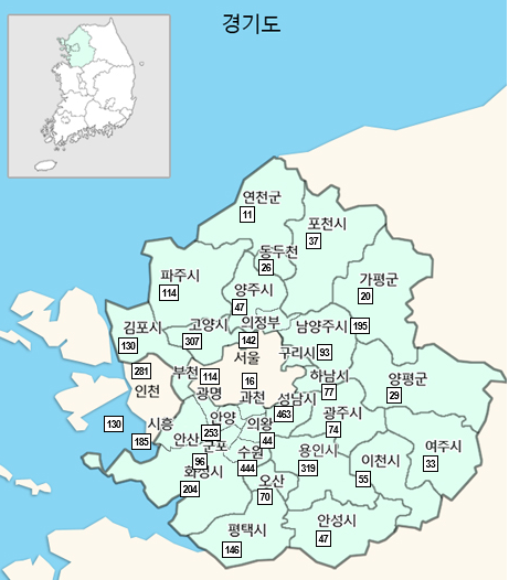 ▲ 2019년 11월 기준, 경기지역 치과의원 분포.