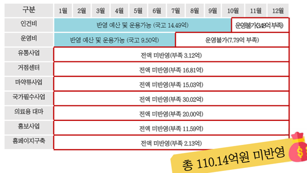 ▲ 한국희귀ㆍ필수의약품센터가 공개한 2020년도 예산안 및 실제 책정 예산 비교표.