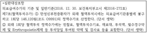 심판대상조항을 살펴보면, 만성신부전증환자 외래 혈액투석시 1회 당 14만 6120원의 정액수가가 산정됨을 확인할 수 있다. 또한 정액수가에는 당일 투여된 약제 및 검사료가 포함돼 있다.