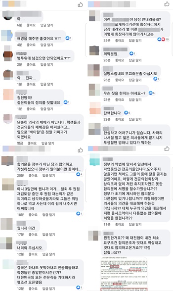 ▲ 최대집 회장의 페이스북에 달린 비난 댓글들.