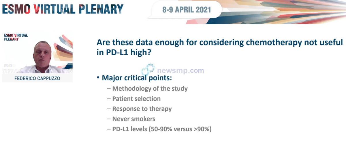 ▲ 카푸조 박사는 솔린지 회장 발표한 연구에서 비교 환자들간에 균형이 잡히지 않아 연구 결과에 영향을 주었을 수 있다면서, 이 연구 결과에도 불구하고 면역항암제와 항암화학요법의 병용은 면역항암제 단독요법과 함께 PD-L1 발현율이 높은 비소세포폐암에서 여전히 유용한 옵션이라고 역설했다.
