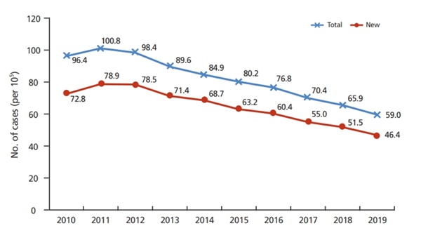 ▲ Trends in notified cases of tuberculosis among total and new patients from 2010 to 2019.