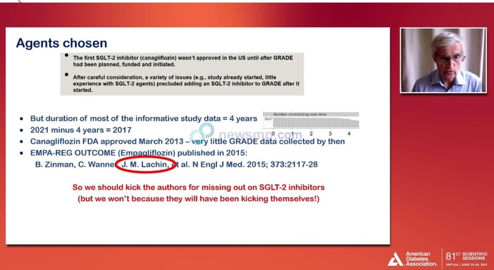 ▲ 28(현지시간) 미국당뇨병학회 연례학술회의(ADA 2021)에서는 미국의 제2형 당뇨병 환자 5047명을 대상으로 진행한 GRADE(Results of the Glycemia Reduction Approaches in Diabetes: A Comparative Effectiveness Study) 연구 결과가 공개됐다. 그러나 영국 옥스퍼드 대학 데이비드 매튜스 교수는 이번 연구(GRADE) 연구의 주요 저자 가운데 앞서 SGLT-2 억제제 관련 연구에 참여했던 조지 워싱턴 대학 존 라킨 교수 등 일부 저자들을 직접 언급하며 SGLT-2 억제제를 포함하지 않은 결정을 힐난했다.