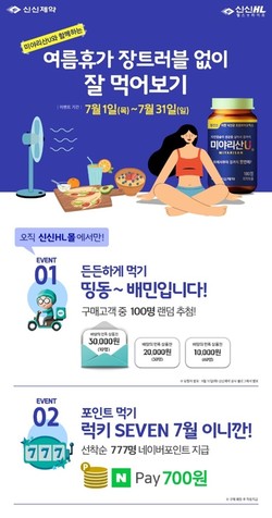 ▲신신제약은 다가오는 휴가철 ‘먹방 휴가’를 계획하고 있는 사람들을 위해 낙산균 프로바이오틱스 미야리산U와 함께하는 ‘여름휴가 장트러블 없이 잘 먹어보기’ 이벤트를 실시한다.