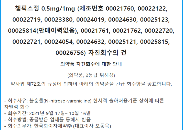 ▲ 한국화이자제약은 바레니클린 성분 의약품인 챔픽스에서 NNV 불순물이 한시적 허용 기준을 초과해 검출돼 자진 회수에 나섰다.