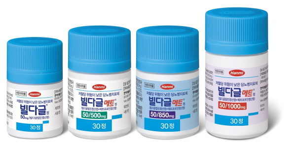 ▲ 한미약품은 당뇨병치료제 ‘빌다글정50mg’ 과, 빌다글립틴에 또 다른 당뇨치료 성분인 ‘메트포르민’을 결합한 복합제 ‘빌다글메트정’ 3종을 출시했다고 10일 밝혔다.