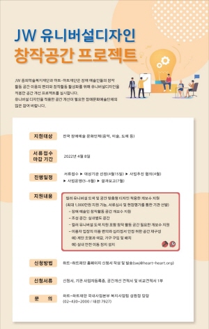 ▲ JW그룹의 공익재단인 중외학술복지재단은 하트-하트재단과 함께 장애 예술인들을 위한 2022년 ‘JW 유니버설 디자인 창작 공간 프로젝트’ 사업을 전개한다고 5일 밝혔다.