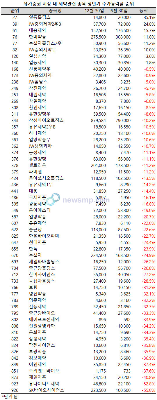 ▲ 지난 상반기 6개 제약관련 종목(우선주 포함 의약품지수 구성 종목 및 지주사주)이 유가증권 시장 주가상승률 100위 안에 들어섰다.