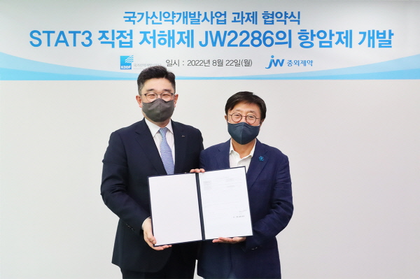 ▲ JW중외제약은 국가신약개발사업단과 STAT3 표적항암제 ‘JW2286’의 연구개발 협약을 체결했다고 23일 밝혔다. 