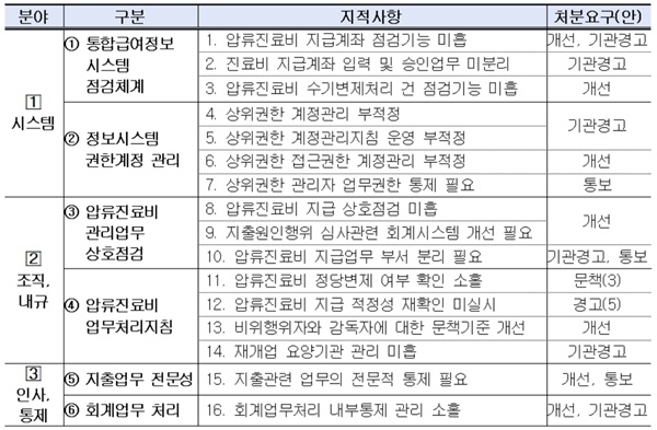 ▲ 지적사항 명세 및 처분요구(안)