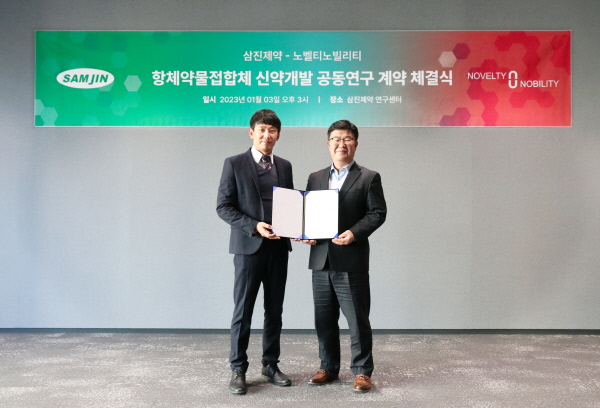 ▲ 삼진제약은 항체 신약 개발 전문 기업 노벨티노빌리티와 ‘항체-약물접합체(Antibody-drug conjugates, ADC)’신약 개발을 위한 공동연구 협약을 체결했다고 밝혔다.