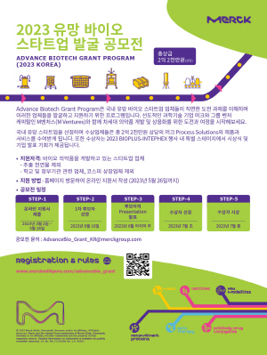 ▲ 머크는 지난 2일부터 제1회 ‘2023 유망 바이오 스타트업 발굴 공모전(2023 Korea Advance Biotech Grant Program)’을 개최, 참가 기업을 모집하고 있다고 밝혔다. 