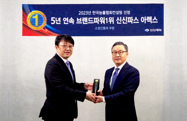 ▲ 신신제약은 지난 4월 28일 서울시 강서구 마곡 본사에서 ‘신신파스 아렉스’의 2023년도 ‘한국산업의 브랜드파워’ 소염진통제 부문 1위 인증식을 개최했다고 밝혔다.