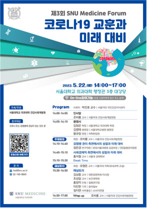 ▲ 서울대학교 의과대학 건강사회개발원은 ‘코로나19 교훈과 미래 대비’를 주제로 오는 22일(월) 오후 2시 제3회 SNU Medicine Forum을 개최한다.