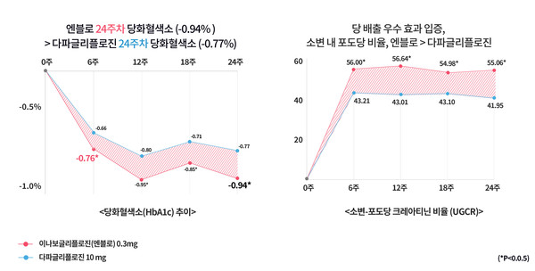 ▲ 대웅제약은 경증 신장질환을 가진 2형 당뇨병 환자를 대상으로 한, 대웅제약 ‘엔블로’(성분명: 이나보글리플로진)와 글로벌 제약사의 ‘다파글리플로진’ 투약 효과 비교 연구에서 엔블로가 더 우수한 혈당 강하 효과를 나타냈다고 밝혔다.