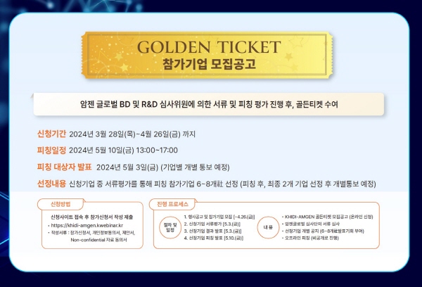 ▲ 암젠코리아와 한국보건산업진흥원은 오픈 이노베이션 프로그램인 ‘2024 진흥원-암젠 골든티켓(Golden Ticket)’의 온라인 참가 신청 접수를 시작한다고 밝혔다.