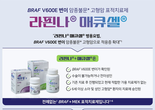 ▲ 한국노바티스는 자사의 BRAF V600E 표적치료제 라핀나와 매큐셀 병용요법의 적응증이 암종불문 고형암으로 확대된 것을 기념하는 인포그래픽을 공개했다고 4일 밝혔다.