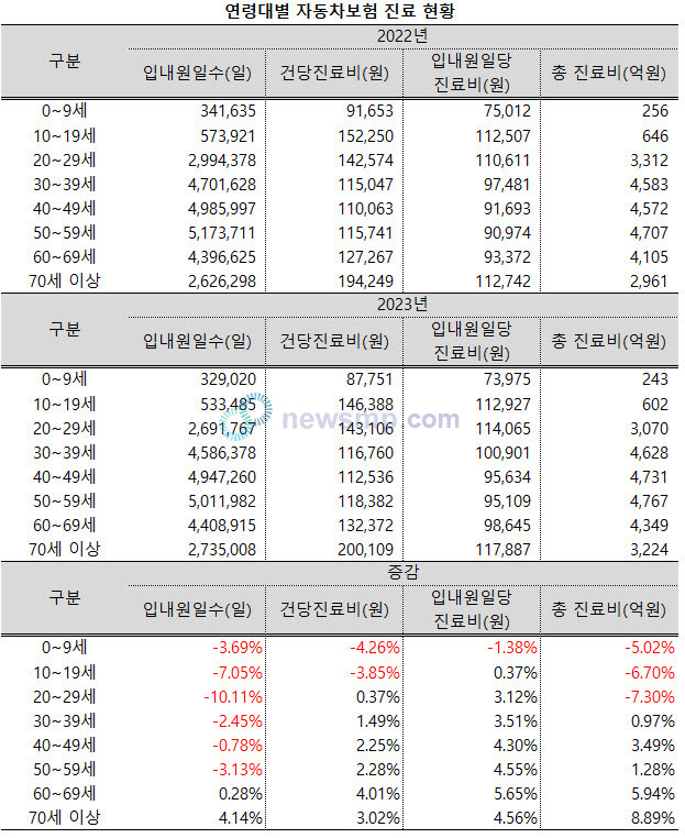 ▲ 연령대별로는 60세 이상 고령자의 자동차보험 진료비 비중이 확대되는 양상을 보였다.