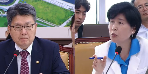 ▲ 민주당 백혜련 의원(오른쪽)의 질의에 교육부 오석환 차관이 답변한 내용으로 교육부와 국회의 진실공방이 진행됐다.