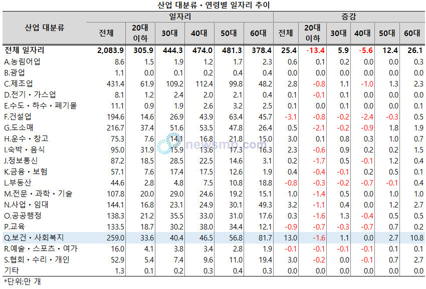 ▲ 보건ㆍ사회복지업에서 60대 이상의 비중이 크게 늘었다.