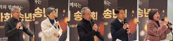 ▲ (왼쪽부터) 김택우 후보, 강희경 회장, 주수호 후보, 이동욱 후보, 최안나 후보.