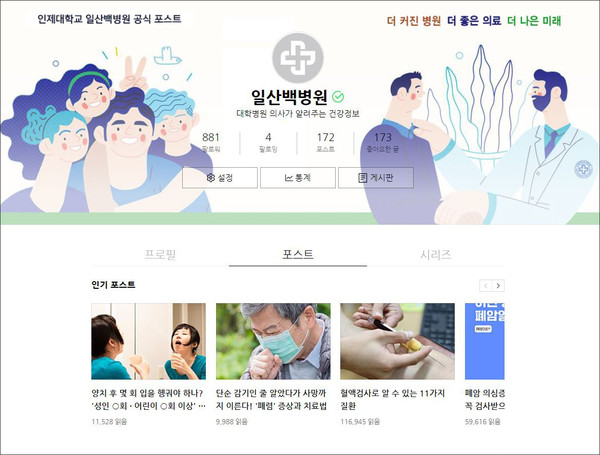 ▲ 일산백병원 네이버포스트가 2년 연속 100만 뷰를 돌파했다.