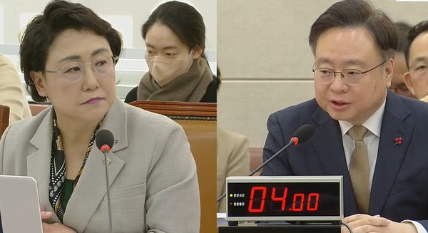 ▲ 조국혁신당 김선민 의원(왼쪽)은 조규홍 장관이 대통령의 쪽지를 받았는지 질문했다.