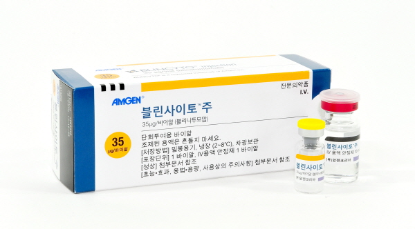 ▲ 암젠코리아는 자사의 급성림프모구성백혈병(Acute Lymphoblastic Leukemia, ALL) 치료제 블린사이토(Blincyto, 성분명: 블리나투모맙)가 14일, 식품의약품안전처로부터 필라델피아 염색체 음성(Ph-) 전구 B세포 급성림프모구성백혈병의 공고요법 치료에 적응증을 승인받았다고 밝혔다.
