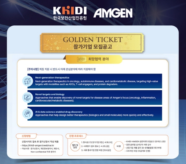 ▲ 암젠코리아가 ‘2025 한국보건산업진흥원-암젠 골든티켓(Golden Ticket)’의 온라인 참가 신청 접수를 시작한다.