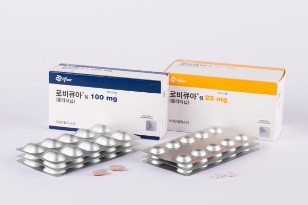 ▲ 한국화이자제약은 ‘로비큐아 정 25㎎, 100㎎’(성분명 롤라티닙)의 건강보험 급여 적용 범위가 5월 1일부터 역형성 림프종 인산화효소(ALK) 양성 전이성 비소세포폐암(NSCLC) 1차 치료로 확대된다고 밝혔다.