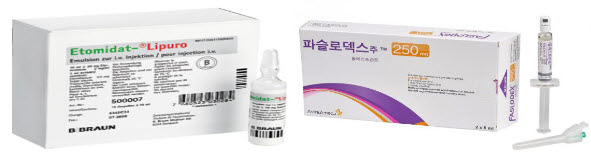 ▲ 최근 에토미데이트리푸로(왼쪽)가 국내 공급 중단을 예고한 가운데, 파슬로덱스가 약가 가산 종료를 앞두고 재평가를 신청, 귀추가 주목되고 있다.