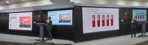 ▲ 고려대의료원 손호성 의무기획처장(왼쪽)과 김학준 의학연구처장이 고려대의료원의 연구 혁신 전략 등에 대해 발표하고 있다.