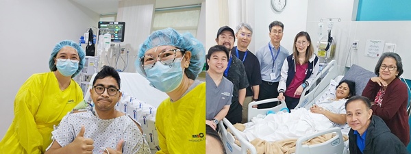 ▲ (왼쪽)한국 의료진에게 생명을 선물 받은 프란츠 아렌 바바오 레예즈 씨가 ‘한국 의료 최고’라 외치며 두 손 모두 엄지를 치켜세운 사진을 전달해왔다. (오른쪽) 생체 간이식 수술을 받은 모자의 가족들이 한국 의료진에게 감사함을 전하기 위해 마카티병원에 찾아왔다. 왼쪽 두 번째가 김기훈 서울아산병원 간이식ㆍ간담도외과 교수.