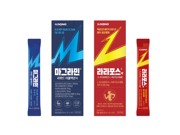 ▲ 일동제약이 휴대와 복용이 간편하고 체내에 빠르게 흡수되는 액상형 스틱 포장 일반의약품 ‘마그라민 리퀴드 더블액션’과 ‘라라포스’를 출시했다