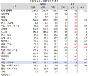 성별로는 보건ㆍ사회복지업 일자리 증가분 10.5만개 중 여성이 9.0만개로 85.7%를 차지했다.