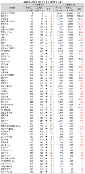 지난해 유가증권 시장 내 제약관련 종목들의 시가총액 순위가 규모에 따라 상반된 양상을 보였다.