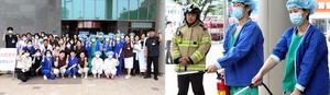 ▲ 한림대강남성심병원 환자안전 소방훈련 기념사진(왼쪽), 의료진 소화기 사용법 실습 사진.