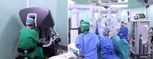 ▲ 다빈치 Xi 서전 콘솔에서 로봇수술을 집도하고 있는 의료진(왼쪽), 4개의 로봇팔로 정밀하고 안전하게 수술을 진행하고 있다.