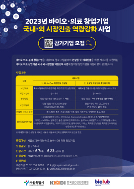 ▲ 한국보건산업진흥원은 ‘2023년 바이오ㆍ의료 창업기업의 국내·외 시장진출 역량강화 사업’에 참가할 창업기업 27개사를 모집한다고 밝혔다.