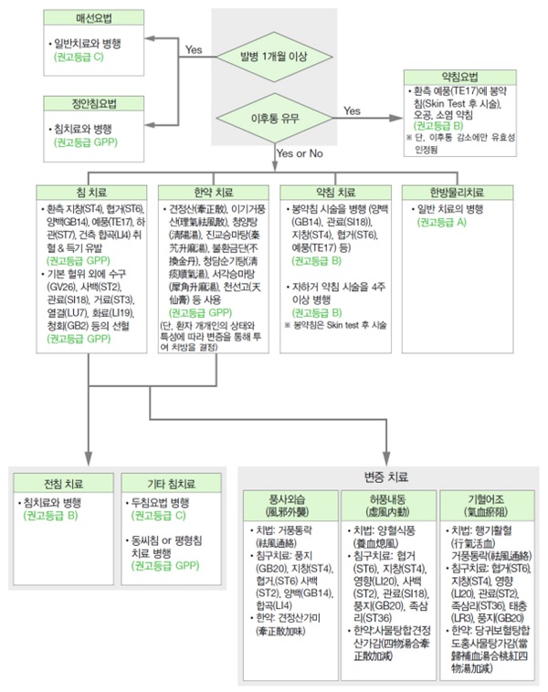 ▲ 2015 특발성 안면신경마비 한의임상진료지침 내용 중 치료에 대한 임상의사결정 지원체계의 모식도.