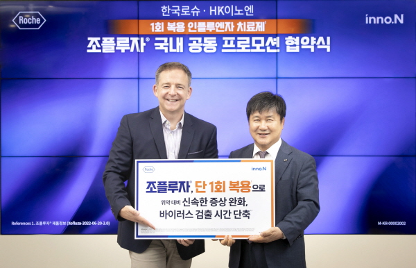 ▲ HK이노엔은 한국로슈와 지난 16일 한국로슈 본사에서 인플루엔자 치료제 ‘조플루자(성분명 발록사비르마르복실)'의 국내 독점유통 및 공동판매 협약을 체결했다고 밝혔다. 